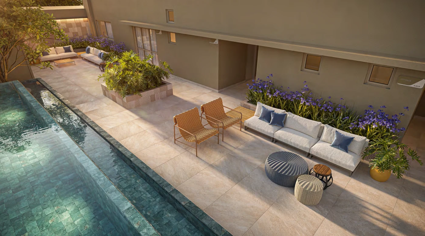 Boulevard paisagístico com piscina do Albor Residence