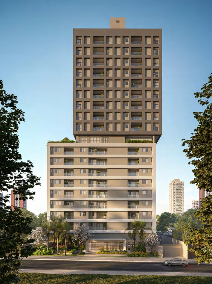 Vista lateral do Albor Residence mostrando os 19 pavimentos e balcões
