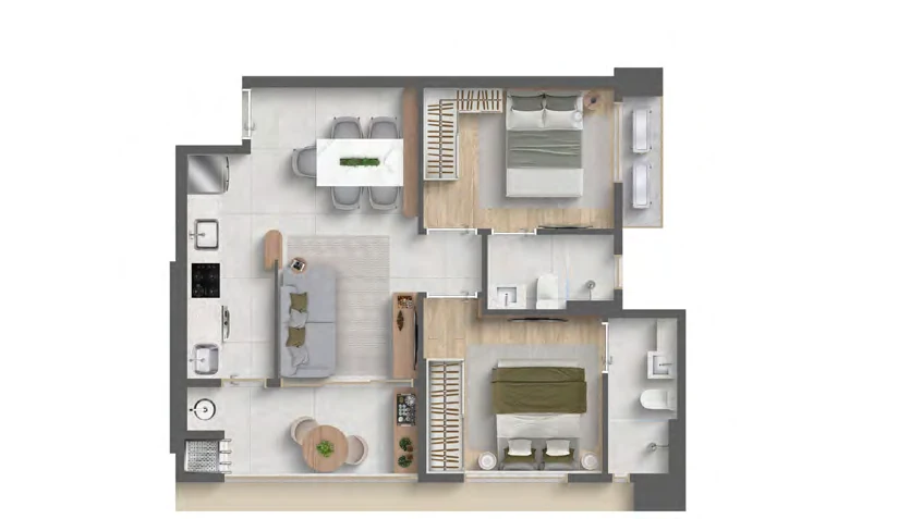 Variação 57m² Albor Residence — 2 suítes completas