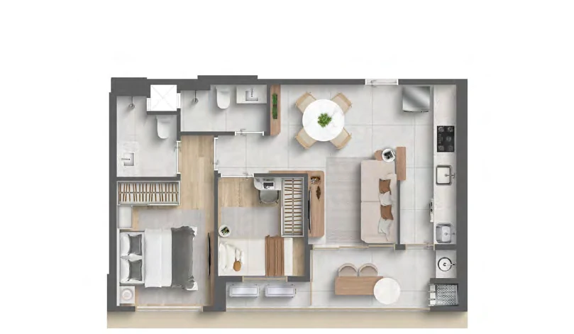 Planta 57m² Albor Residence finais 02 e 05 — 2 dormitórios com 1 suíte