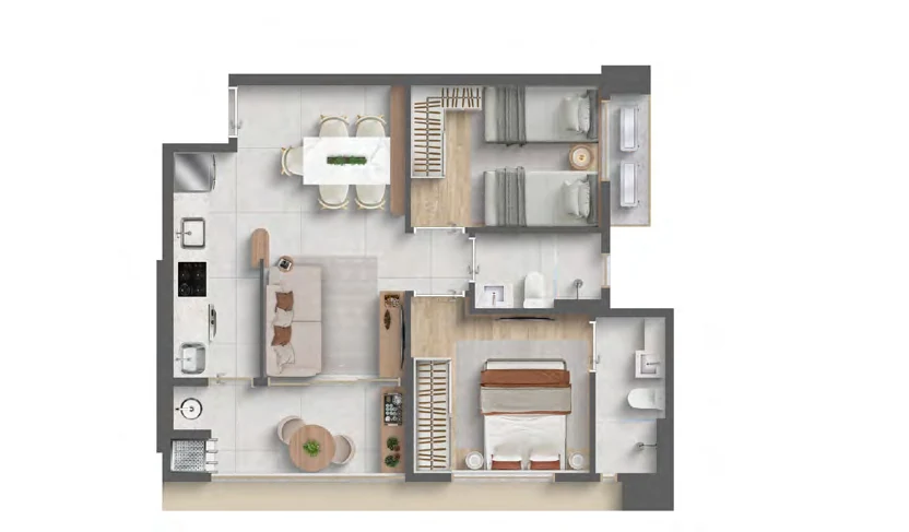Planta padrão 57m² do Albor Residence — 2 dormitórios com 1 suíte, finais 01 03 04 e 06