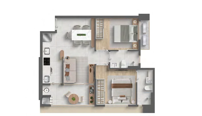 Variação 57m² Albor Residence — 2 dormitórios com 1 suíte e 1 demisuíte