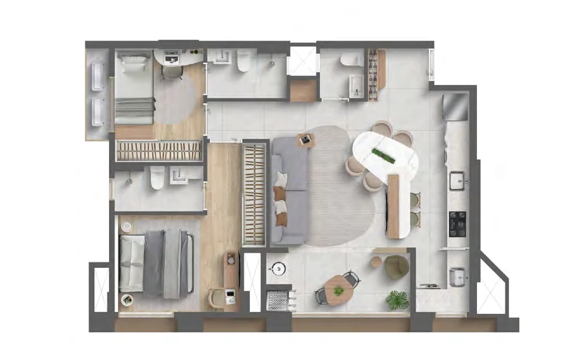 Planta 73m² Albor Residence — 2 suítes com lavabo, finais 01 e 04, 11º ao 19º pavimento