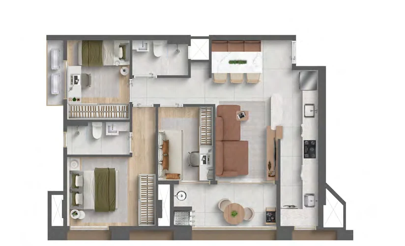 Variação 73m² Albor Residence — 3 dormitórios com 1 suíte