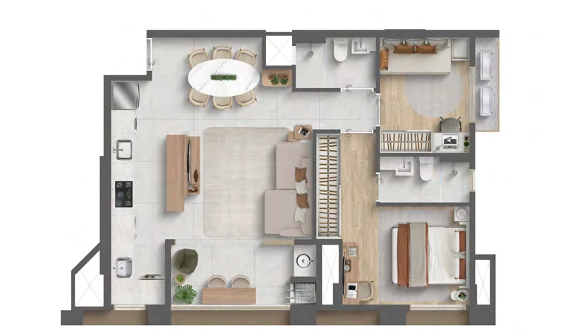 Variação 73m² Albor Residence — 2 dormitórios com suíte e sala ampliada