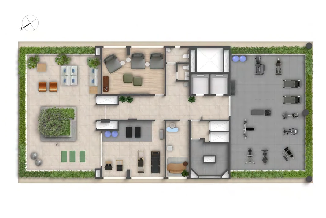 Planta do rooftop no 10º pavimento do Albor Residence com academia, pilates, podcast e home cinema