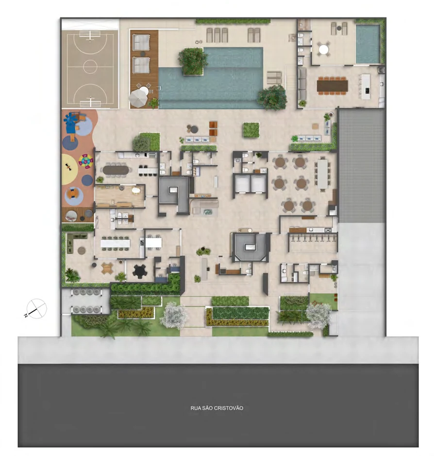 Planta do térreo do Albor Residence com 24 espaços de lazer, convivência e infraestrutura — incluindo piscina, playground e gourmet