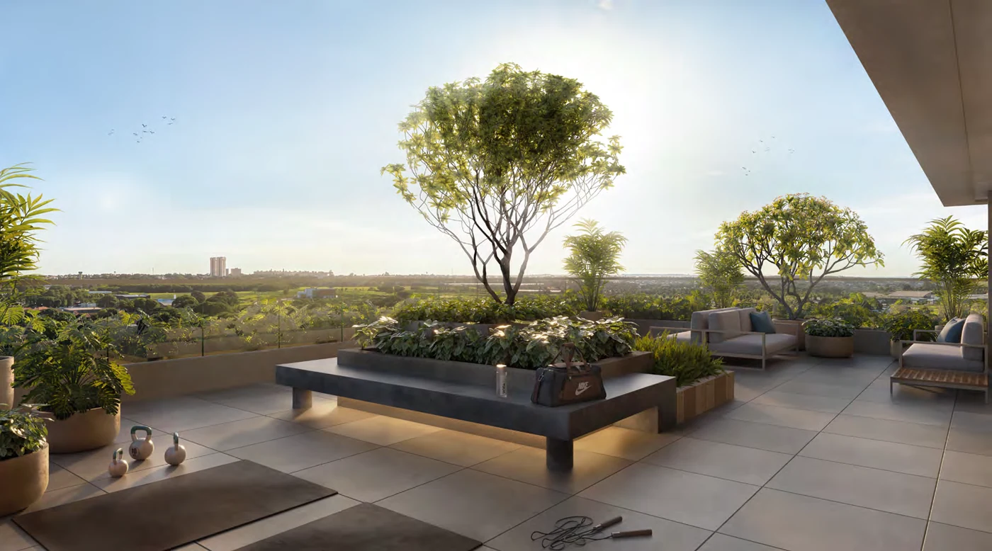 Rooftop Albor Residence — terraço com vista panorâmica de Maringá no 10º pavimento