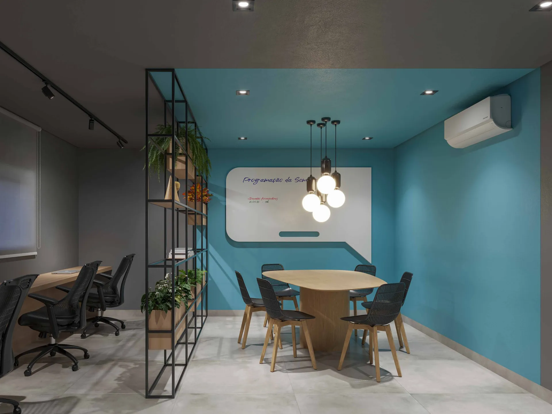 Coworking com estações de trabalho e sala de reunião no Alto de Moz
