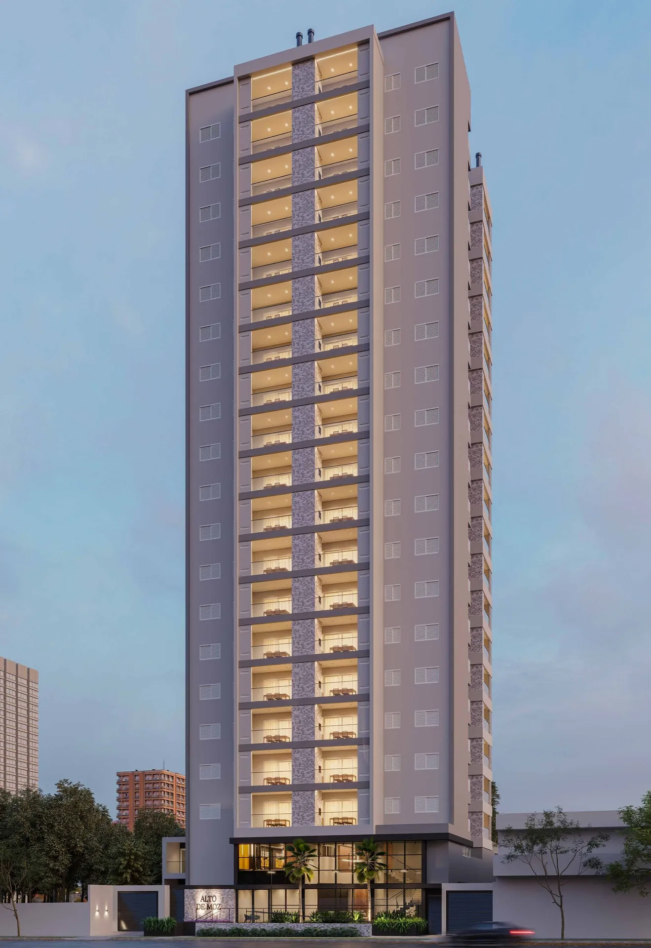 Perspectiva da torre do Alto de Moz ao entardecer, residencial da Construtora Razente na Zona 7 de Maringá