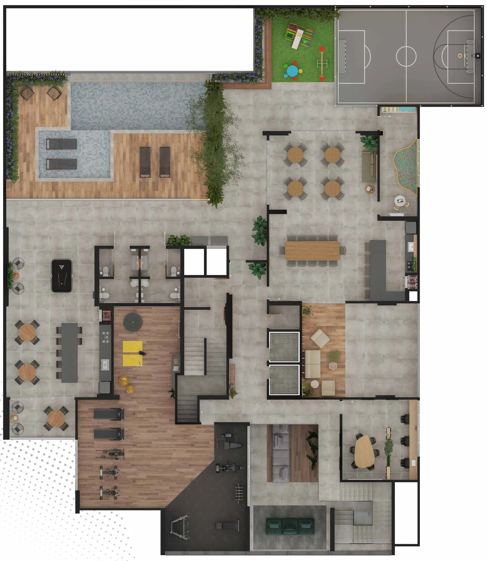 Implantação do térreo do Alto de Moz com piscina, sport bar, salão de festas, academia e mini quadra