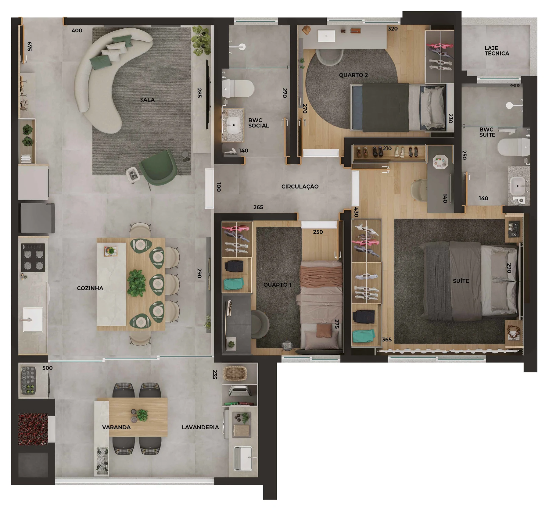 Planta humanizada do apartamento de 3 quartos com suíte e 88,73 m² do Alto de Moz em Maringá