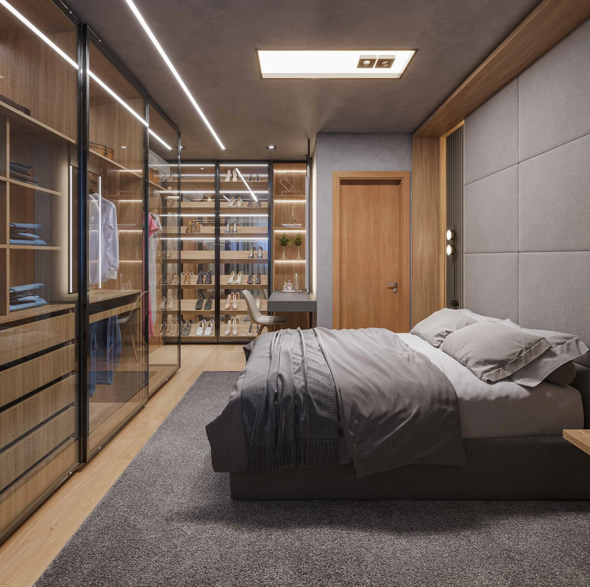 Suíte do apartamento decorado do Alto de Moz com closet envidraçado