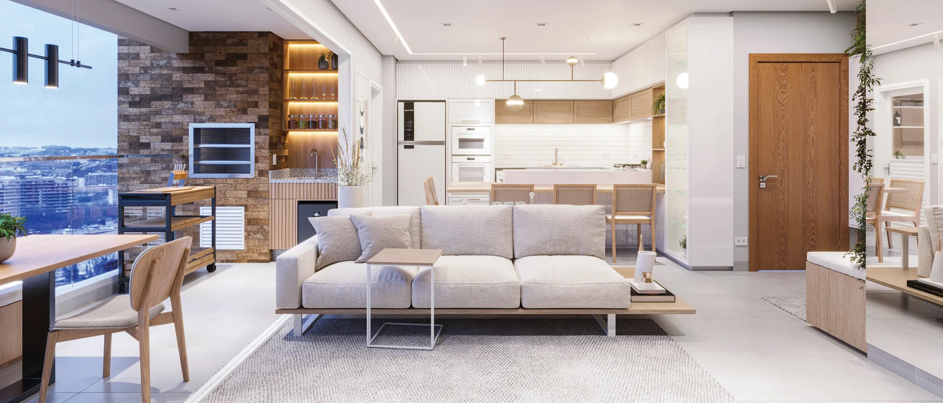 Living integrado do apartamento Alto Paraíso com cozinha, sala e varanda com churrasqueira em Maringá