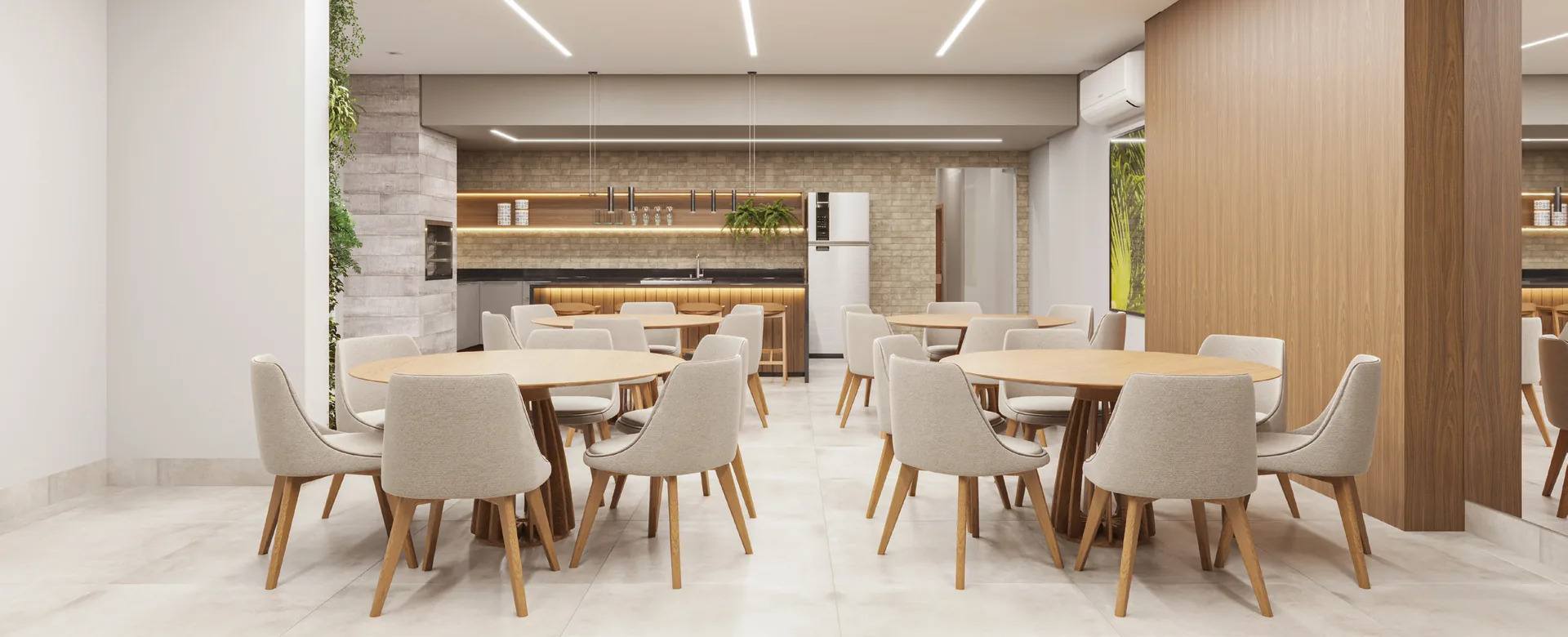 Espaço gourmet mobiliado com mesas redondas do Alto Paraíso Residencial