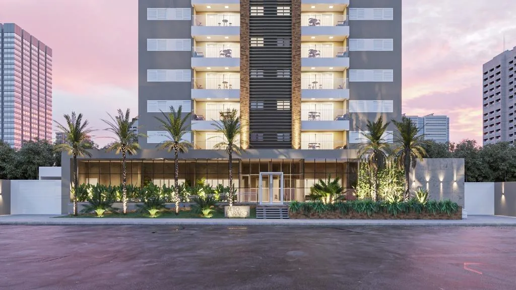 Fachada noturna do edifício Alto Paraíso Residencial da Razente em Maringá