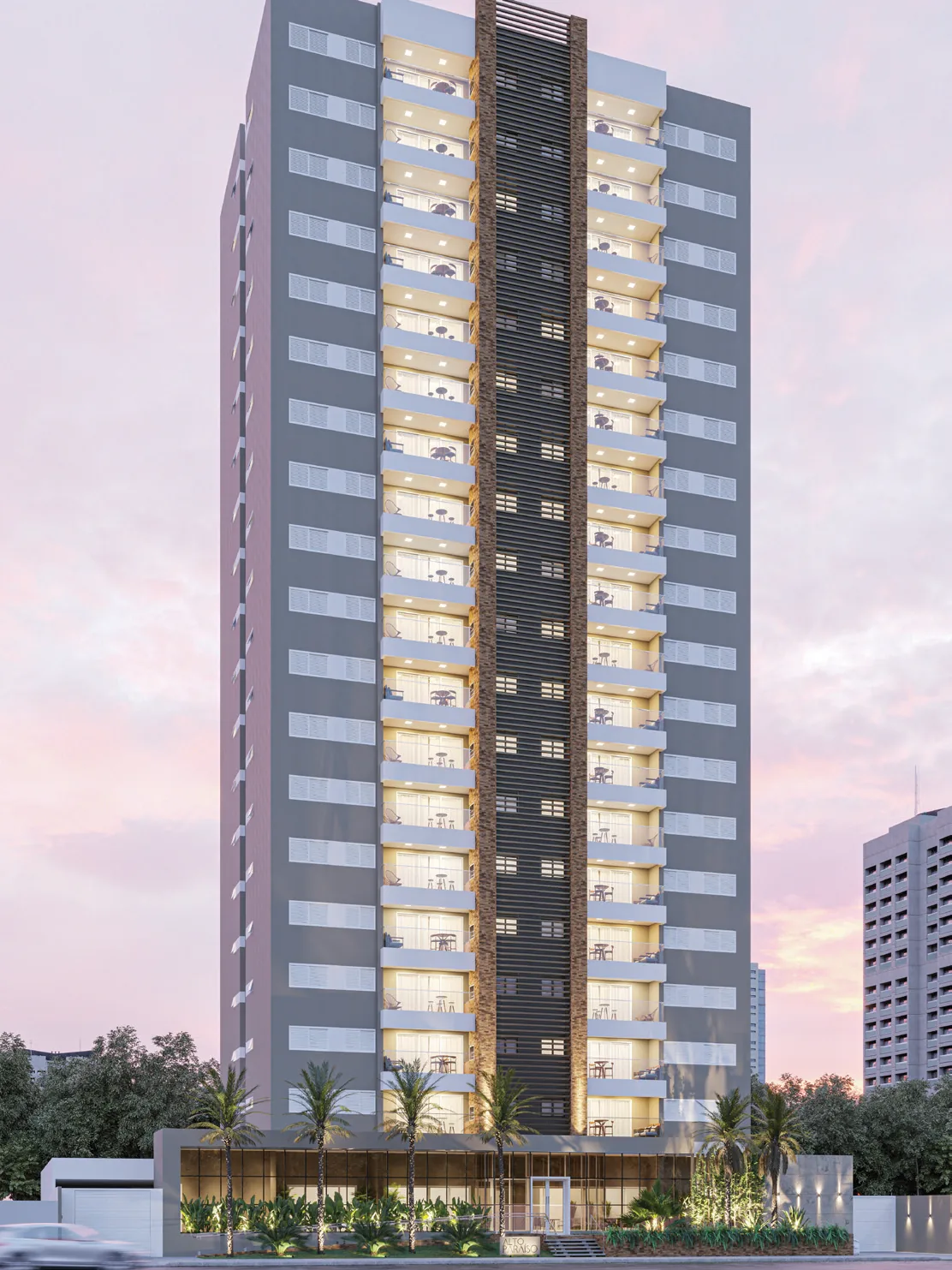 Perspectiva da torre do Alto Paraíso Residencial ao entardecer, Rua Francisco Glicério, Zona 7, Maringá