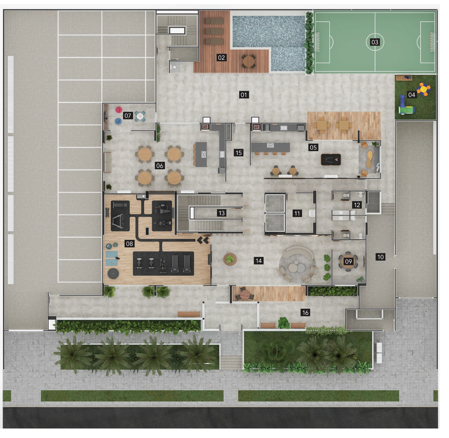 Implantação do lazer completo do Alto Paraíso Residencial em Maringá com legenda numerada