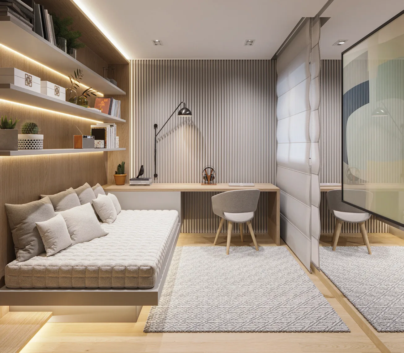 Quarto 1 com bancada de estudo no apartamento Alto Paraíso em Maringá