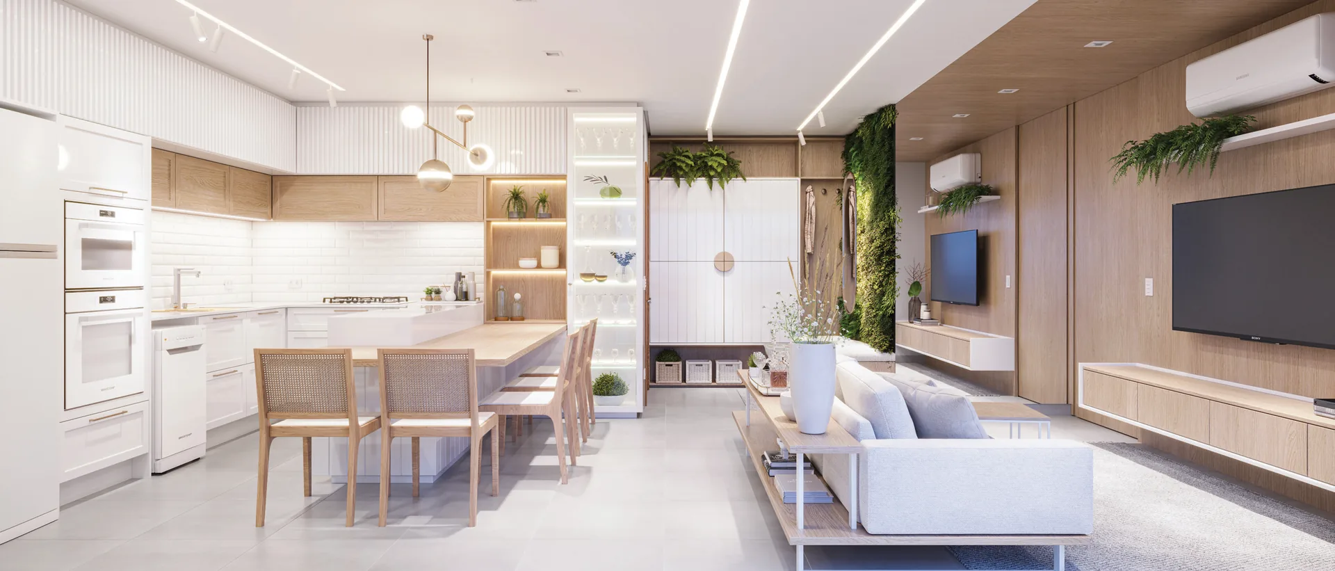 Sala de estar e cozinha decoradas do apartamento Alto Paraíso em Maringá