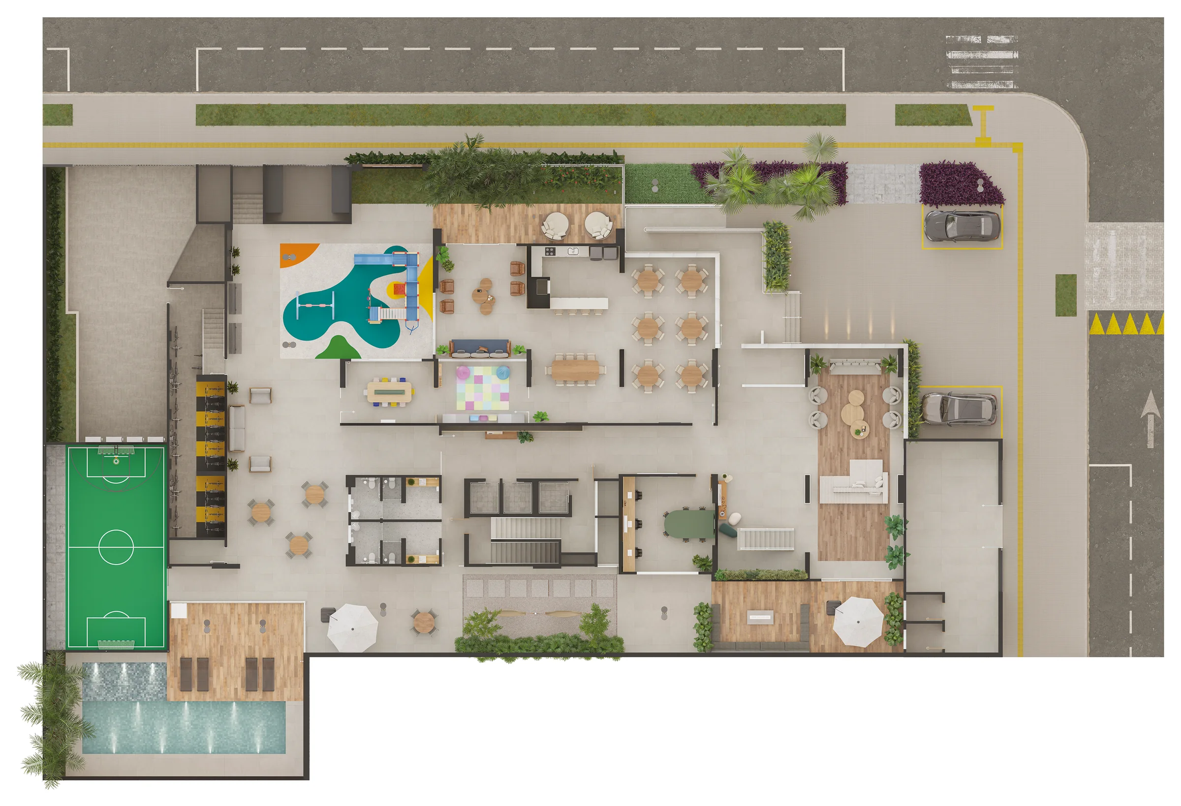 Implantação do térreo do Residencial Alto SP com piscina, quadra, salão de festas e porte-cochère