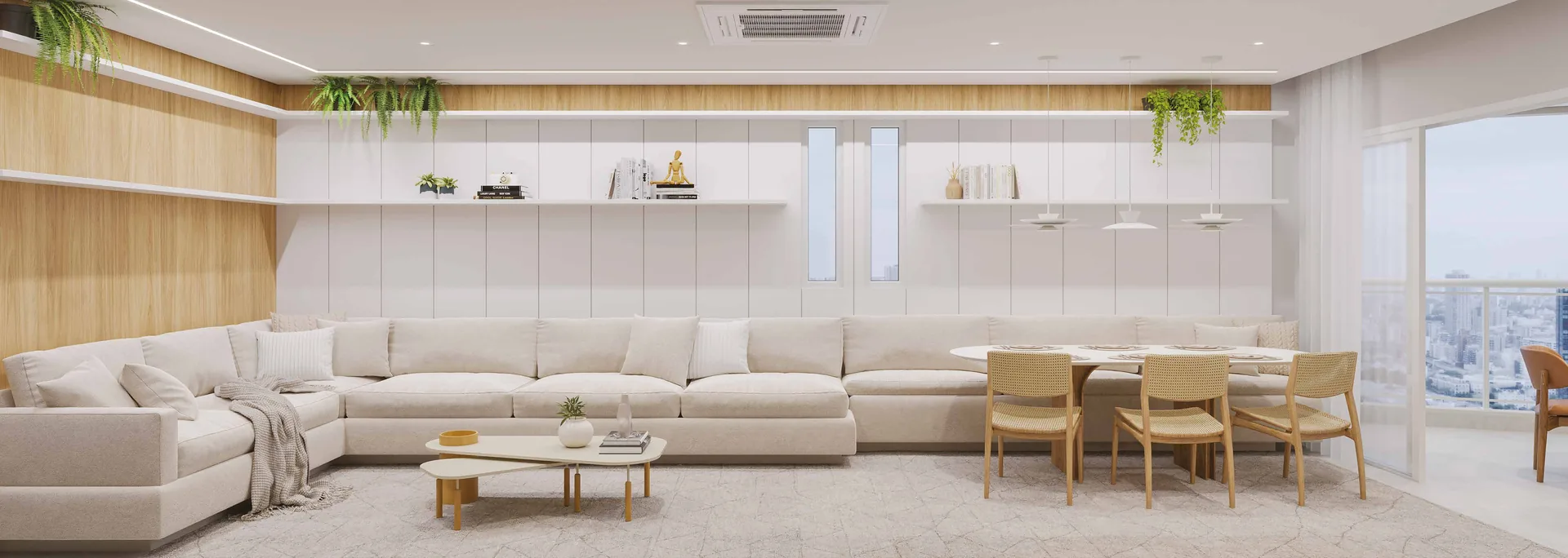Sala de estar e jantar integradas do apartamento Residencial Alto SP em Maringá