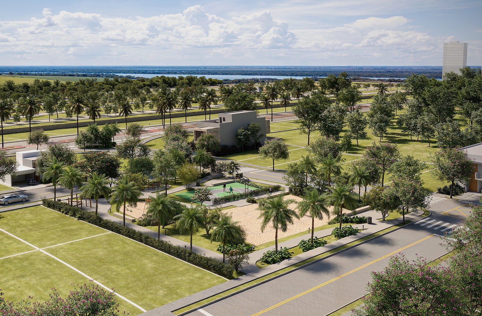 Vista das praças e paisagismo do Aruna Bioma em Porto Rico