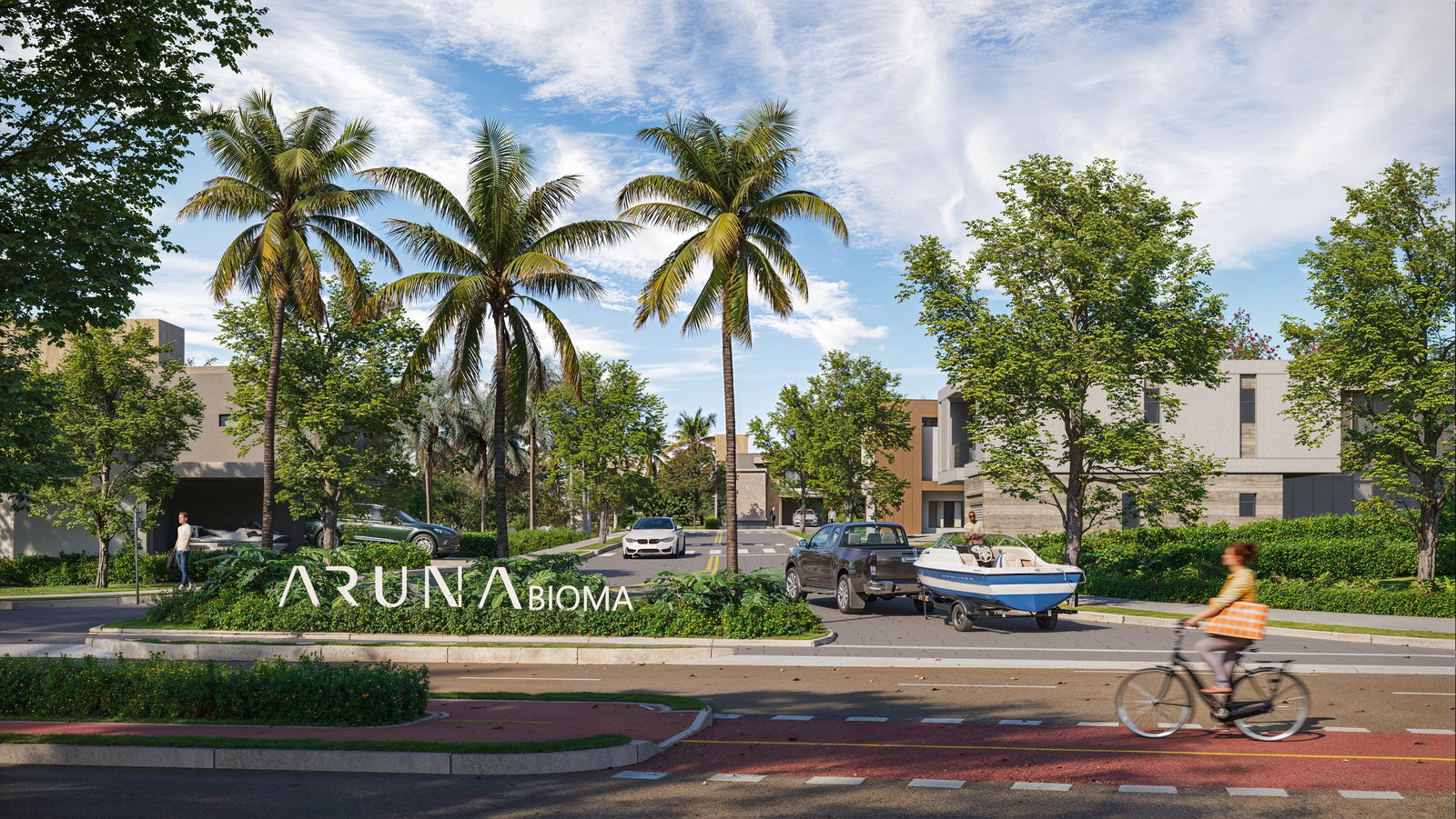 Entrada do bairro Aruna Bioma em Porto Rico PR com palmeiras e ruas largas