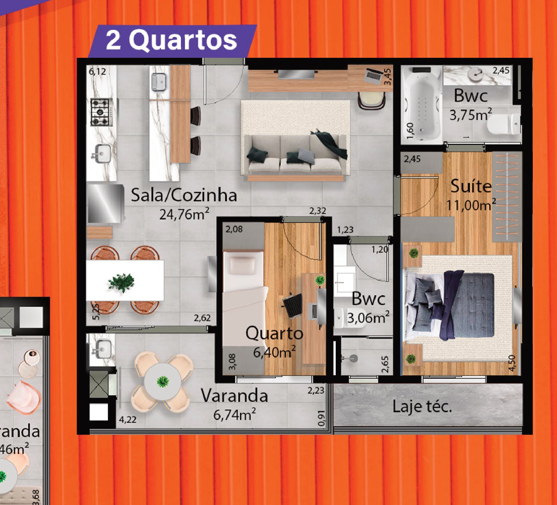 Planta 2 quartos do Atto Sette em Maringá