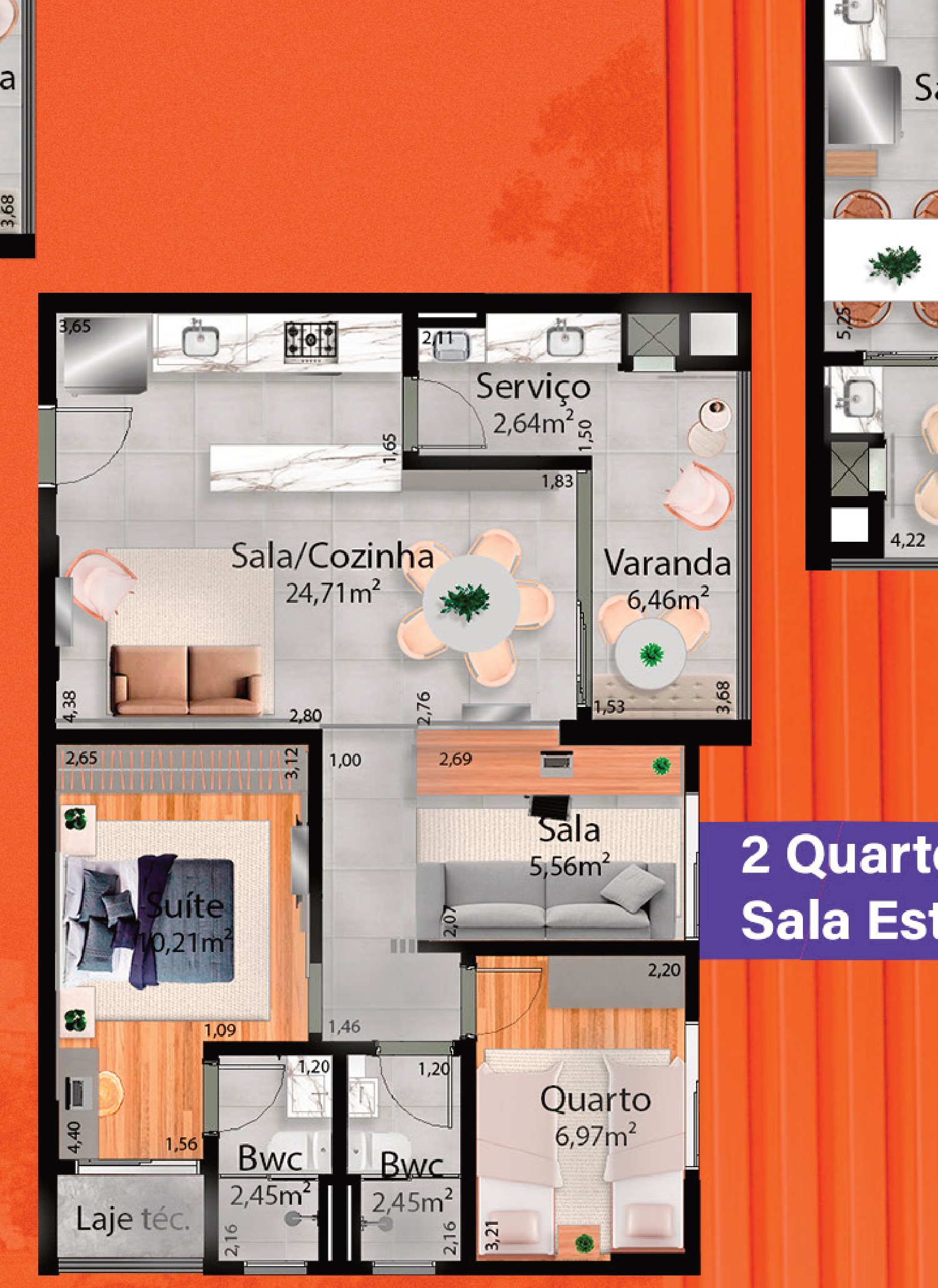Planta 2 quartos sala estendida do Atto Sette em Maringá