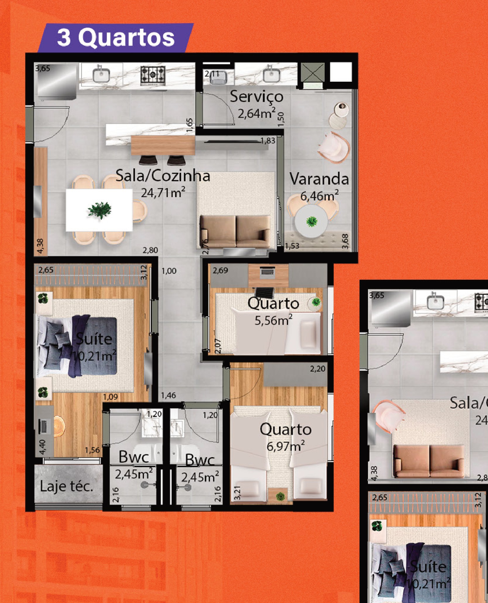 Planta 3 quartos do Atto Sette em Maringá