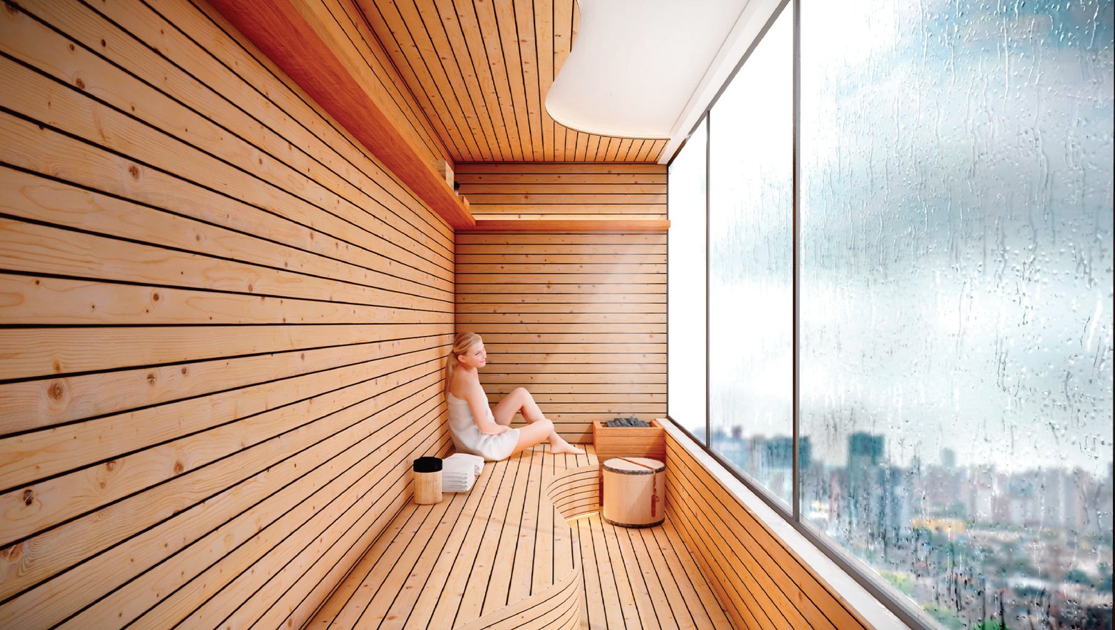 Sauna do rooftop com vista panorâmica de Maringá no Atto Sette