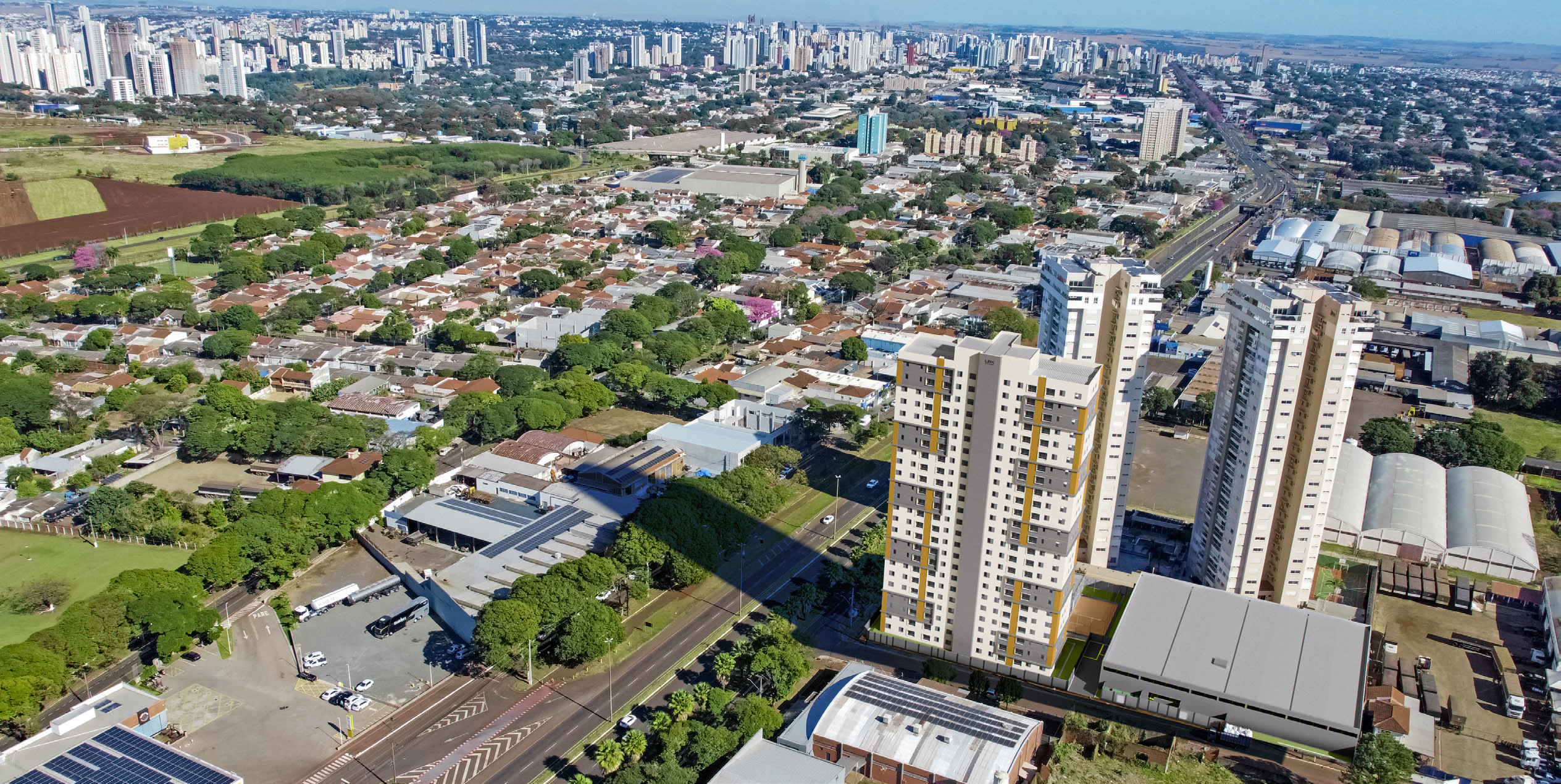 Vista aérea do Avalon Residencial no contexto urbano de Maringá/PR — localização estratégica