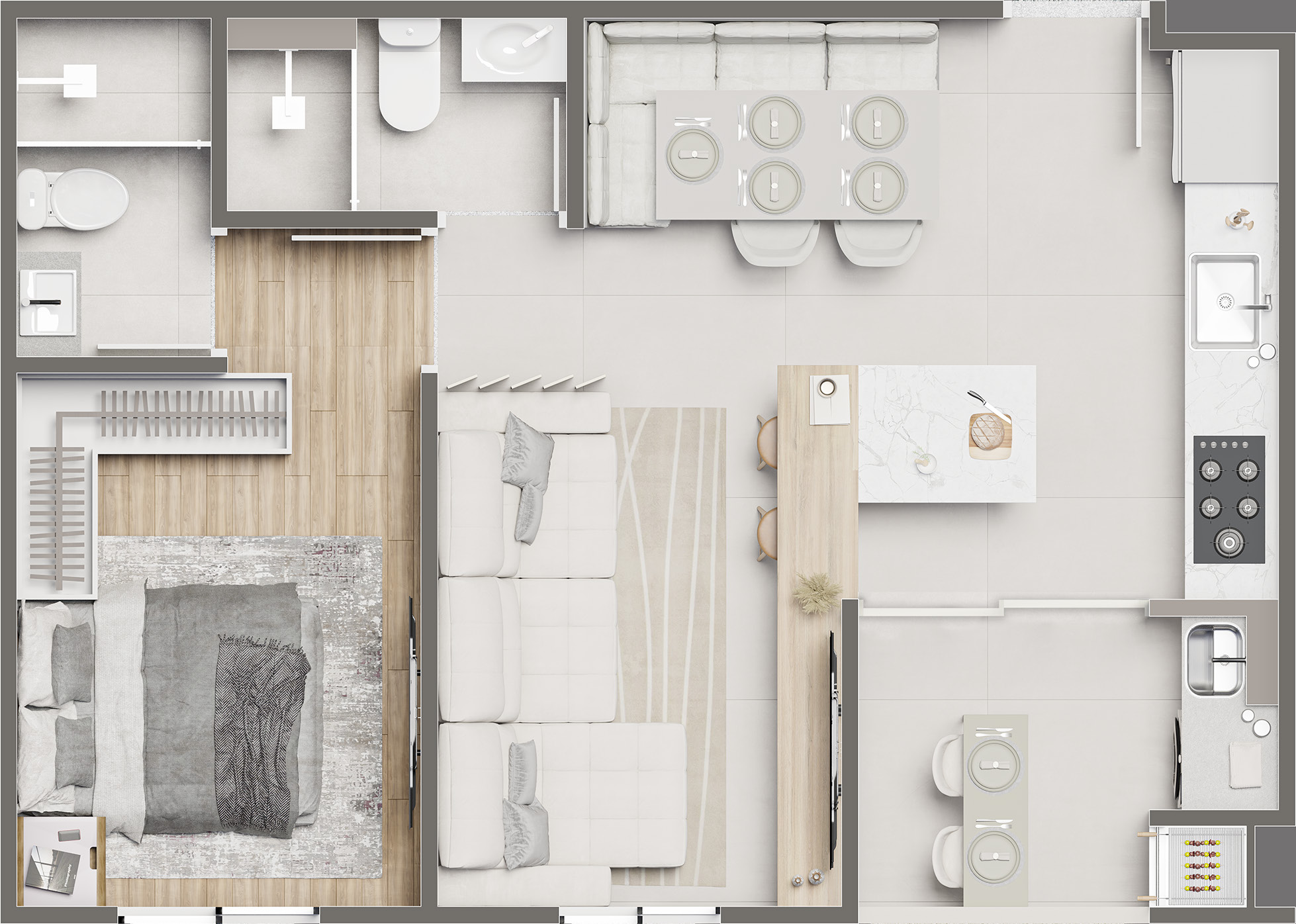 Planta do apartamento de 46m² do Avalon Residencial Maringá — 1 suíte com sala estendida