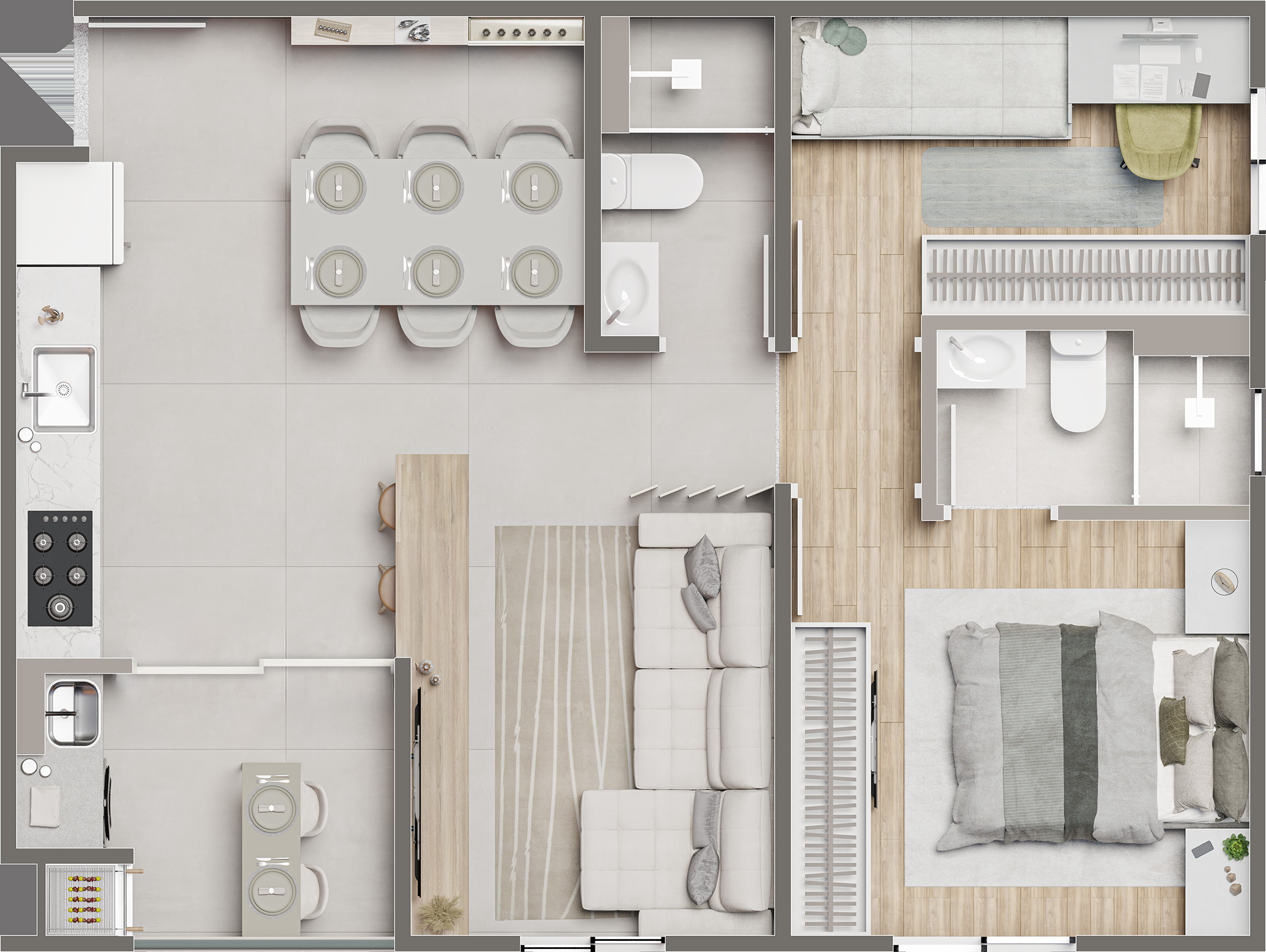 Planta do apartamento de 57m² do Avalon Residencial Maringá — 2 dormitórios sendo 1 suíte