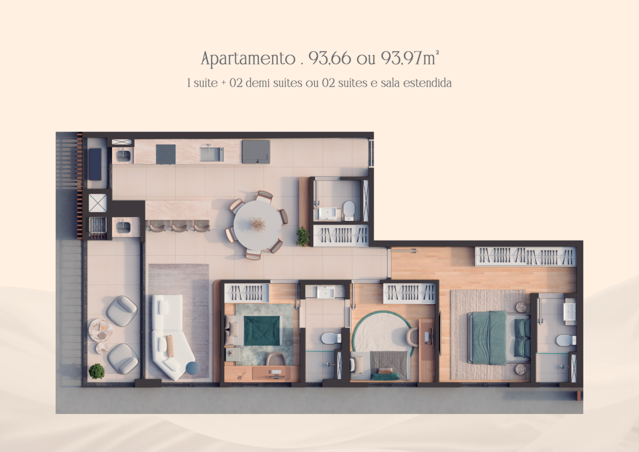 Planta Apartamento 93,66m² AXIS GRP — 1 suíte + 2 demi suítes