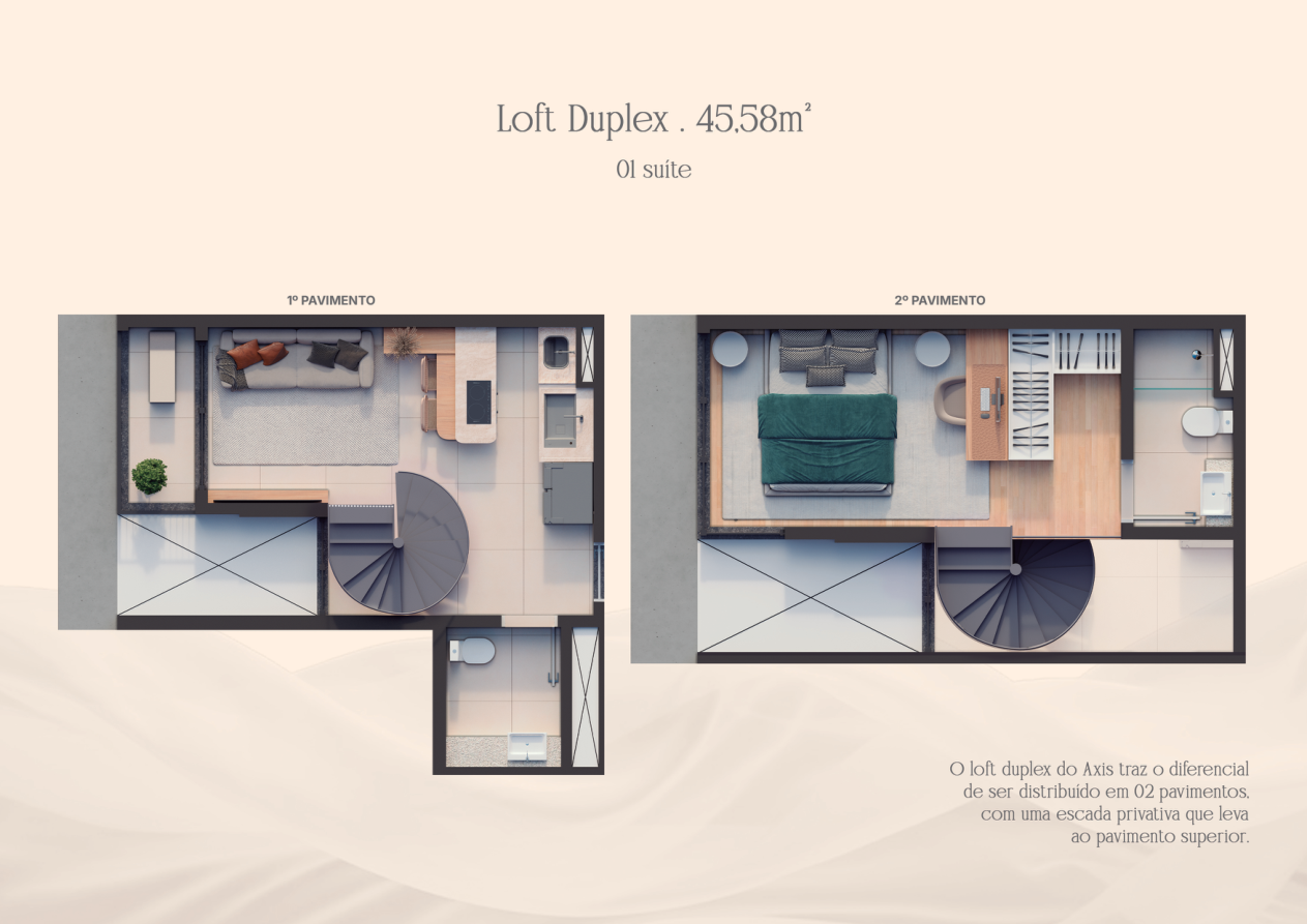Planta Loft Duplex 45,58m² AXIS GRP — dois pavimentos com suíte e sacada