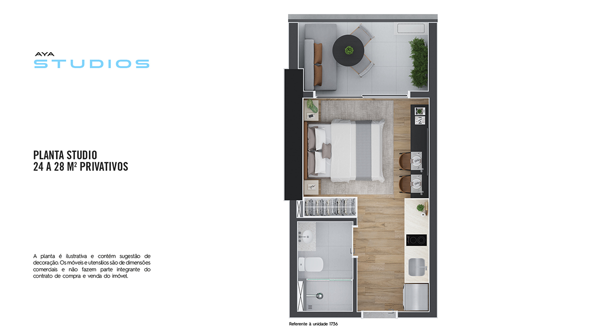 Planta Studio AYA Carlos de Carvalho — 25m² integrado com banheiro e cozinha americana