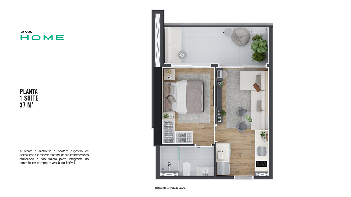 Planta 1 quarto AYA Carlos de Carvalho — 38m² com dormitório, sala integrada e sacada