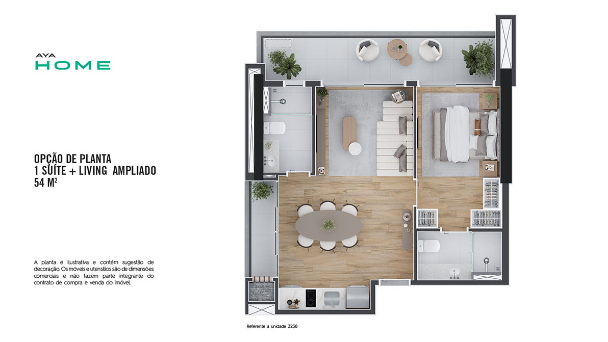 Planta 2 quartos AYA Carlos de Carvalho — 62m² com suíte, sala ampla e cozinha integrada