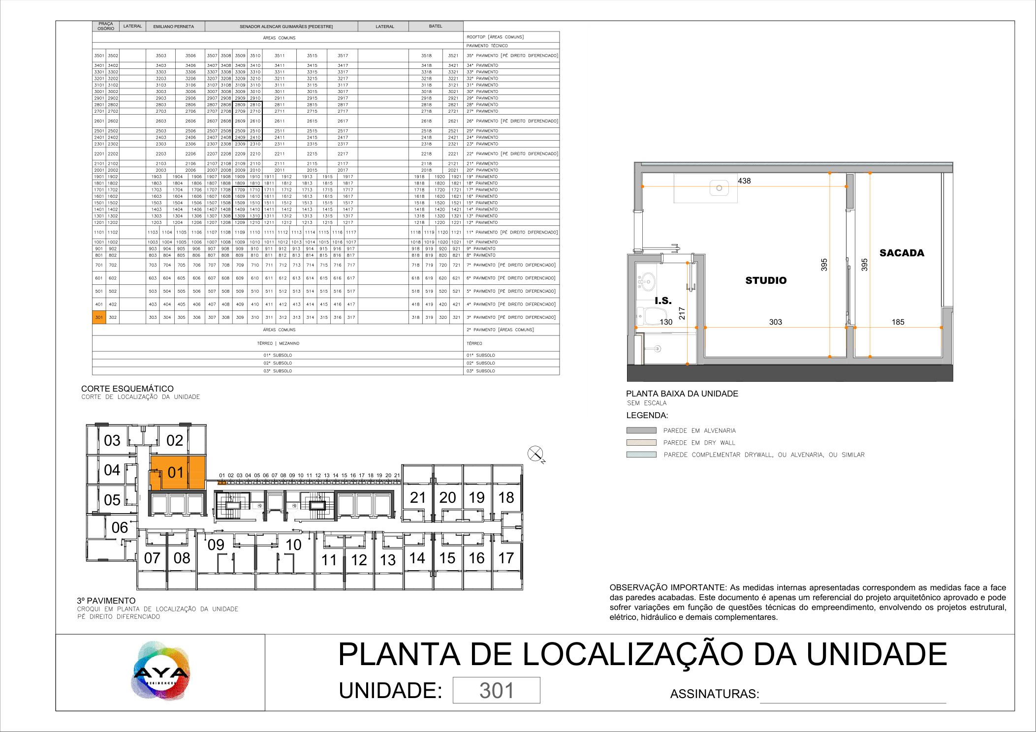 Planta baixa AYA Studio 21m² no Batel Curitiba