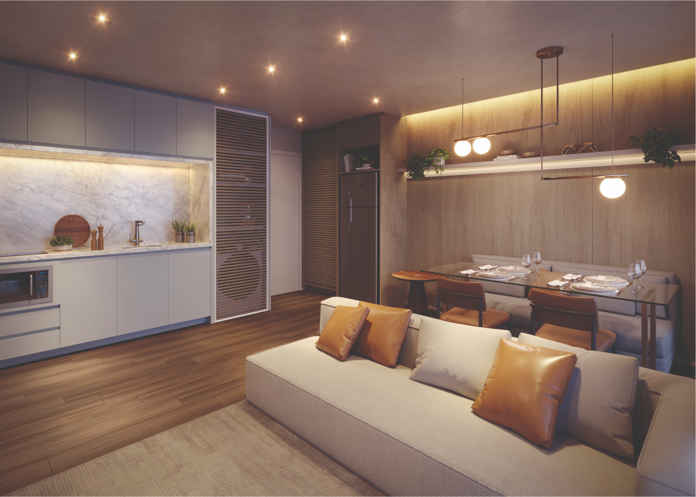 Sala de estar integrada AYA Residences Emiliano Batel