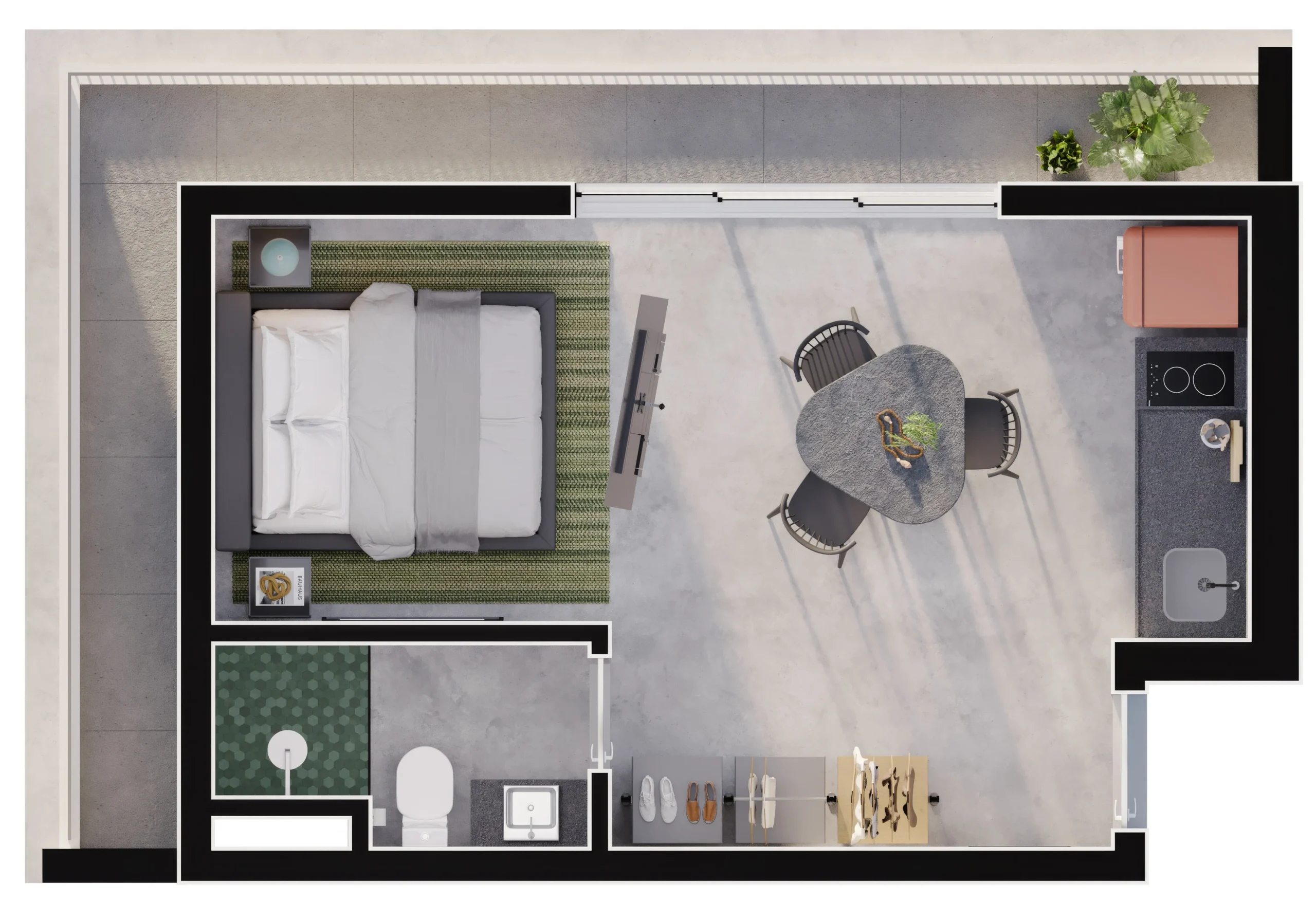 Planta studio esquina BE Dumont 33,6 m² — incorporadora BE A Moradia do Futuro