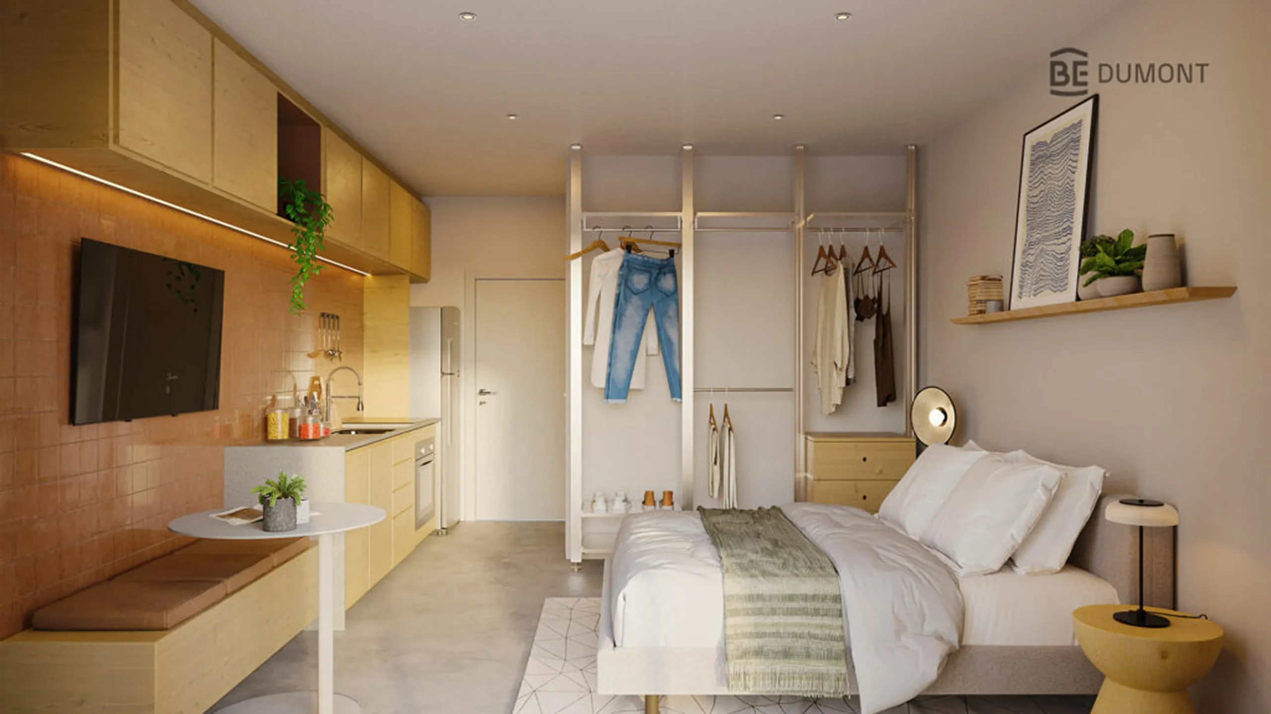 Render do studio centro do BE Dumont — incorporadora BE A Moradia do Futuro