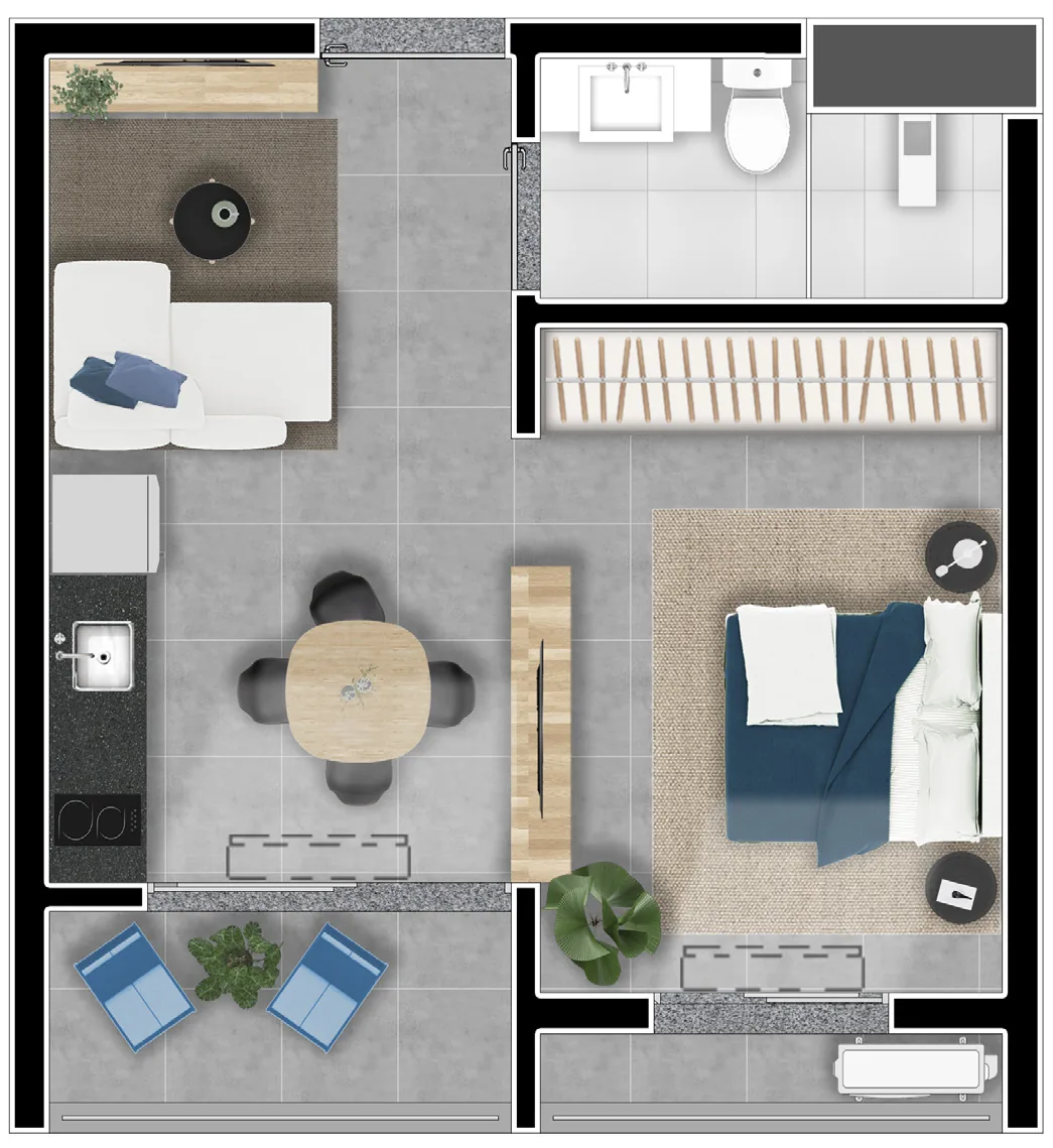 Planta baixa do studio de 33m² do BE Garden Maringá — ambientes integrados