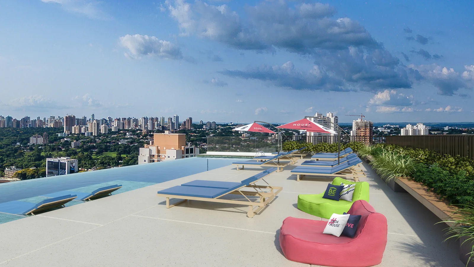 Rooftop com piscina de borda infinita do BE Garden Maringá