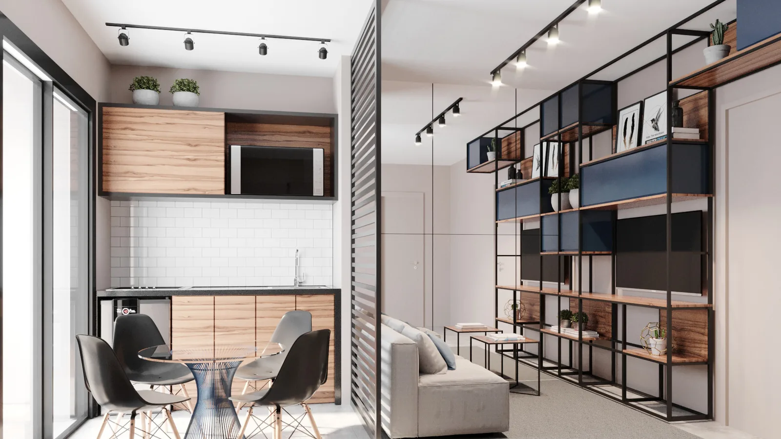 Studio decorado BE Garden — sala integrada com cozinha americana