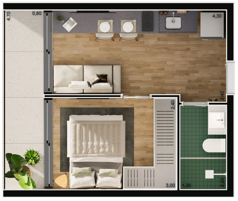 Planta baixa loft BE São Paulo Maringá 28m² com mezanino