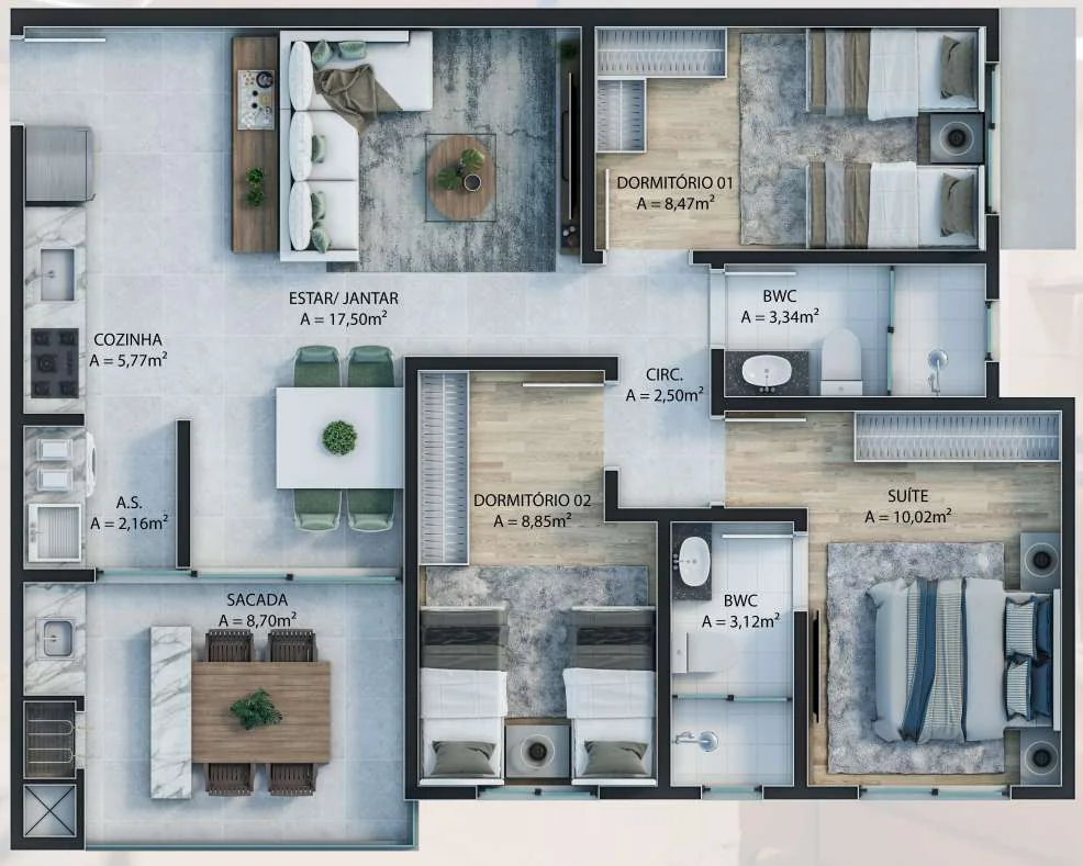 Planta Final 02 e 03 do Calefi Home Club: 1 suíte + 2 dormitórios, 80,56m²