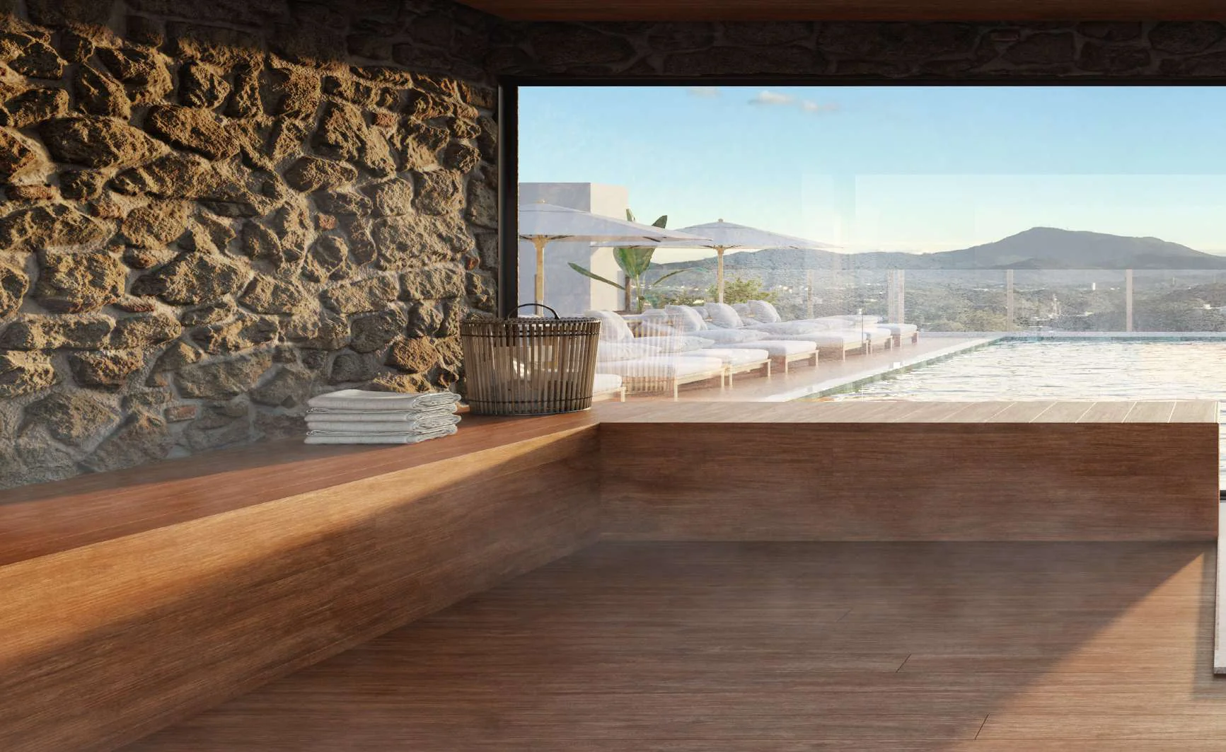 Sauna em vidro com acesso à piscina